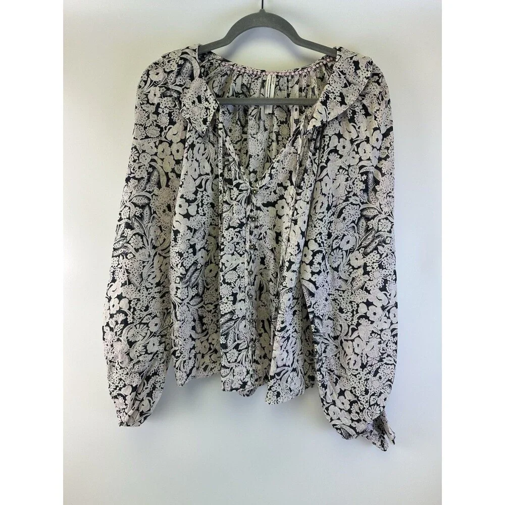 Anthropologie Floral Ruffle Peasant Top Long Puff Sleeves Button Cotton Large